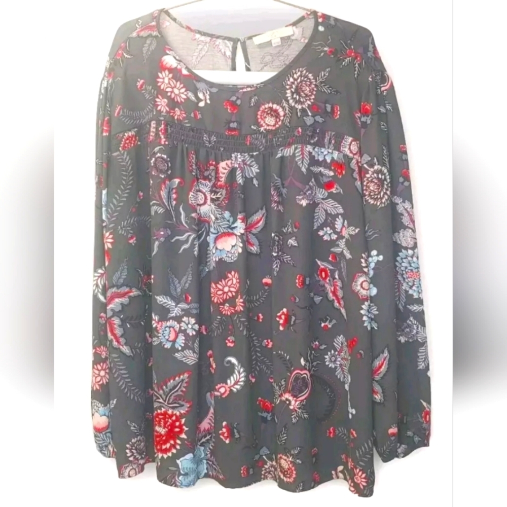 Loft Plus Peasant Blouse Sz 4X 26W Grey Dark Floral Puff Sleeve Cottage Boho